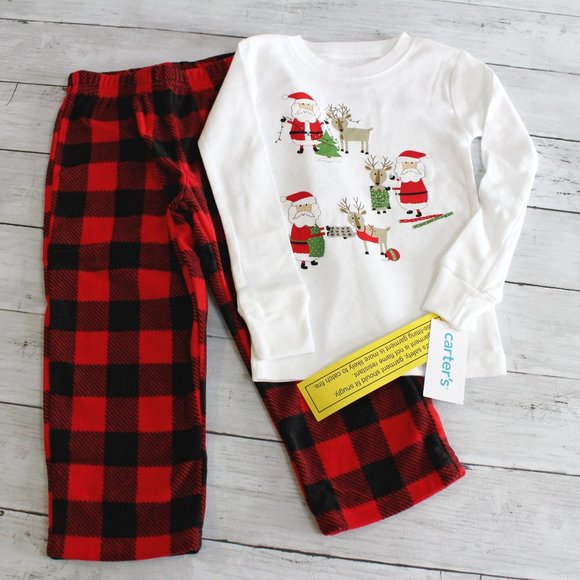 Carter's Boy Girl Fleece Pajama Set Size 2T Red Buffalo Plaid Christmas - Picture 2 of 5